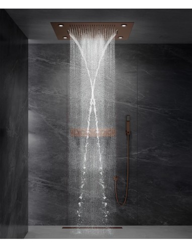 Composition de douche thermostatique avec ciel de pluie LED et chromothérapie - 80x60 cm - Or rose brossé