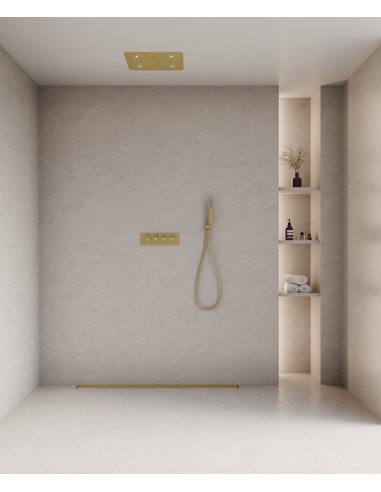 Composition de douche thermostatique encastré plafond à LED - Doré brossé