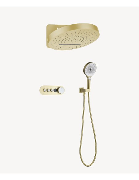 Pack mitigeur de douche encastrée pommeau pluie et cascade - Doré brossé