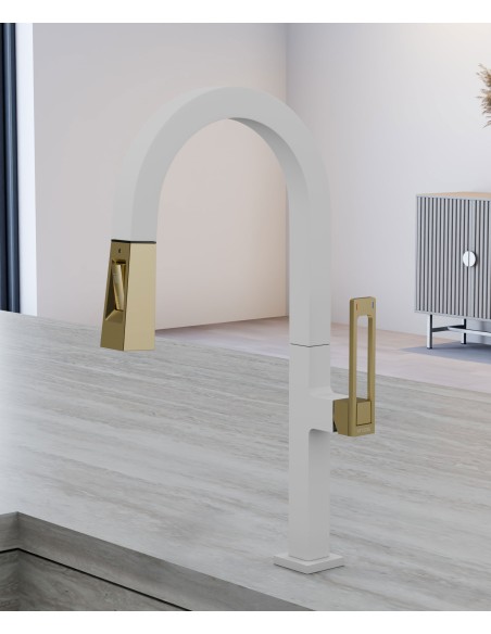 Mitigeur d'évier haut moderne avec douchette - Blanc, Or