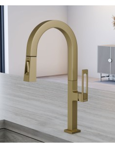 Mitigeur d'évier haut moderne avec douchette  -Doré brossé