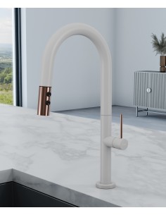 Mitigeur évier moderne avec douchette extractible - Blanc, Or rose
