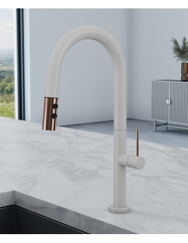 Mitigeur évier moderne avec douchette extractible - Blanc, Or rose