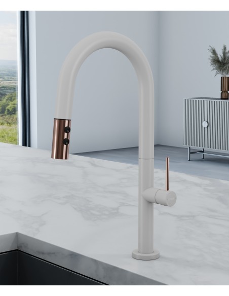 Mitigeur évier moderne avec douchette extractible - Blanc, Or rose