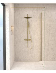 Colonne de douche thermostatique dorée, pommeau pluie et support douchette réglable - Corbeau