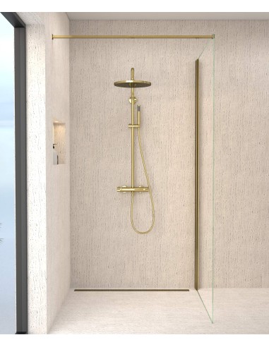 Colonne de douche thermostatique dorée, pommeau pluie et support douchette réglable - Corbeau