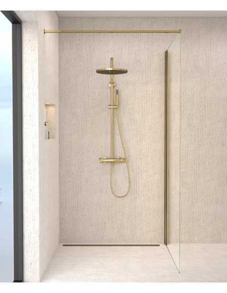 Colonne de douche thermostatique dorée, pommeau pluie et support douchette réglable - Corbeau