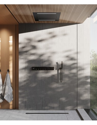 Pack de douche thermostatique, ciel de pluie multi-fonction 70x70 cm à LED - Noir