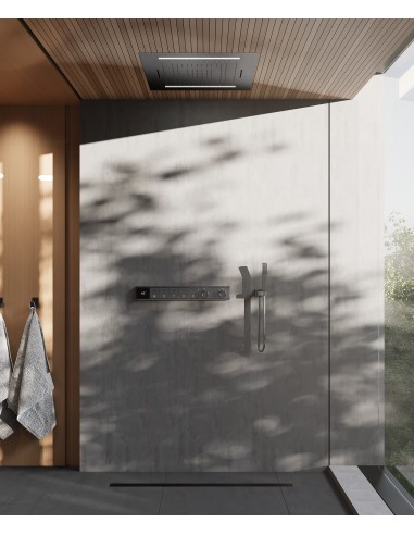 Pack de douche thermostatique, ciel de pluie multi-fonction 70x70 cm à LED - Gun métal