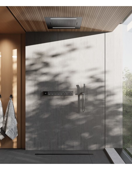 Pack de douche thermostatique, ciel de pluie multi-fonction 70x70 cm à LED - Gun métal