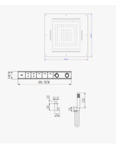 Pack de douche thermostatique, ciel de pluie multi-fonction 70x70 cm à LED - Or rose brossé