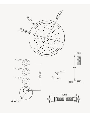Pack de douche thermostatique avec ciel de pluie rond à LED Gun métal - Corbeau
