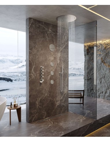 Composition de douche thermostatique ciel de pluie rond Wellness avec body jets Nickel brossé - Corbeau