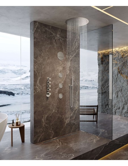 Composition de douche thermostatique ciel de pluie rond Wellness avec body jets Nickel brossé - Corbeau