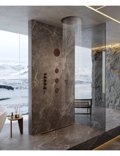 Composition de douche thermostatique ciel de pluie rond Wellness avec body jets Or rose brossé - Corbeau