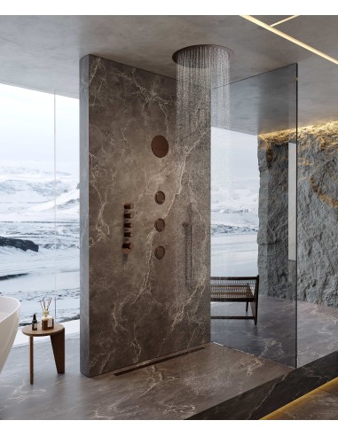 Composition de douche thermostatique ciel de pluie rond Wellness avec body jets Or rose brossé - Corbeau