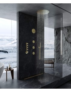 Composition de douche thermostatique ciel de pluie rond Wellness avec body jets Doré brossé - Corbeau