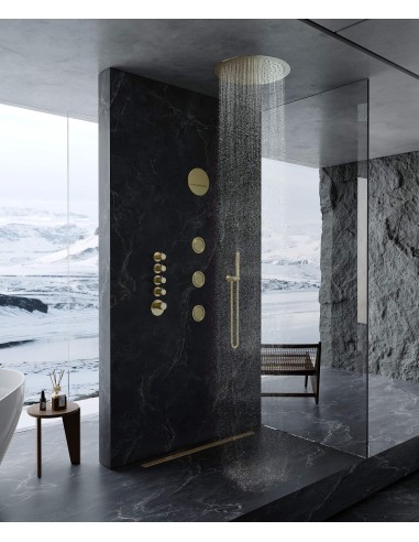 Composition de douche thermostatique ciel de pluie rond Wellness avec body jets Doré brossé - Corbeau
