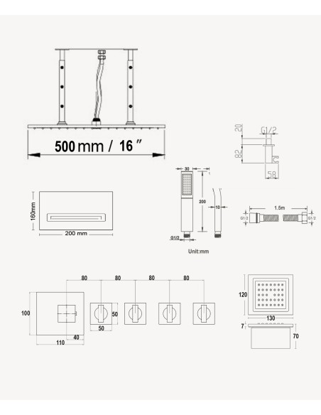 Composition de douche thermostatique ciel de pluie Wellness avec body jets Or rose brossé - Sirius
