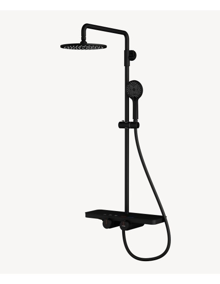 Colonne de douche noire avec mitigeur - Pommeau pluie, tablette et douchette réglable