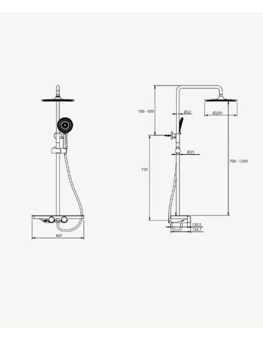 Colonne de douche noire avec mitigeur - Pommeau pluie, tablette et douchette réglable