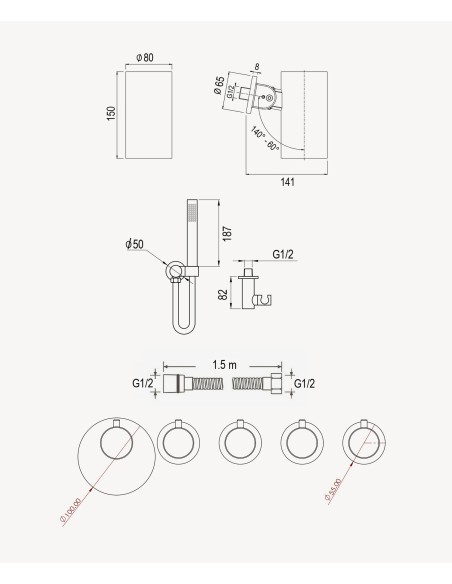 Pack mitigeur thermostatique multi-spray avec pommeau orientable Doré brossé - Corbeau