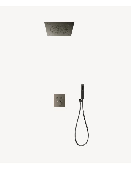 Pack douche thermostatique avec pommeau pluie LED encastré plafond Gun métal - Sirius