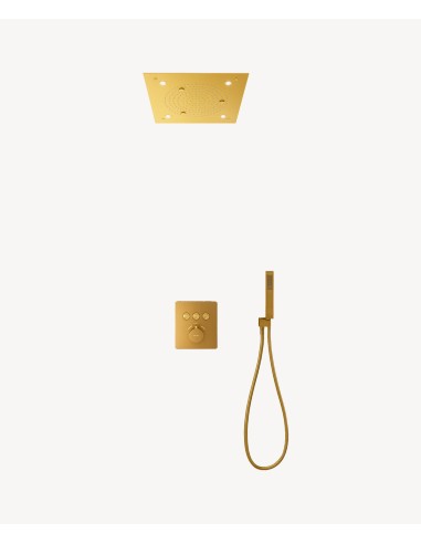 Pack douche thermostatique avec pommeau pluie LED encastré plafond Doré brossé - Sirius