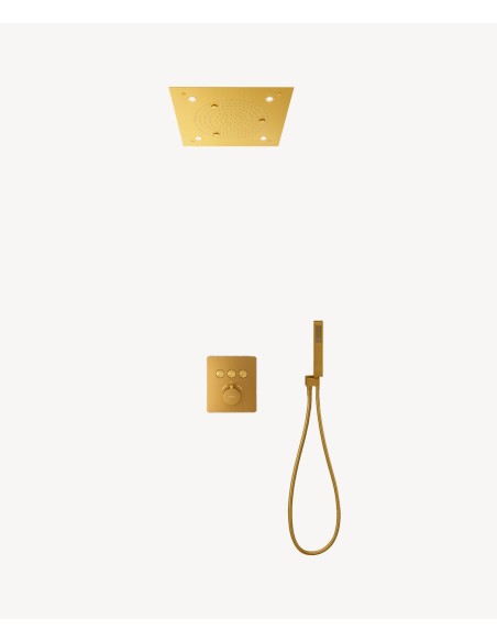 Pack douche thermostatique avec pommeau pluie LED encastré plafond Doré brossé - Sirius