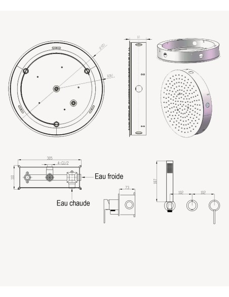 Pack mitigeur douche 3 trous encastré plafond rond Doré brossé - Corbeau