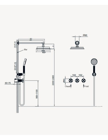 Pack douche encastré Bronze - Mélangeur, pommeau pluie & douchette - Hera