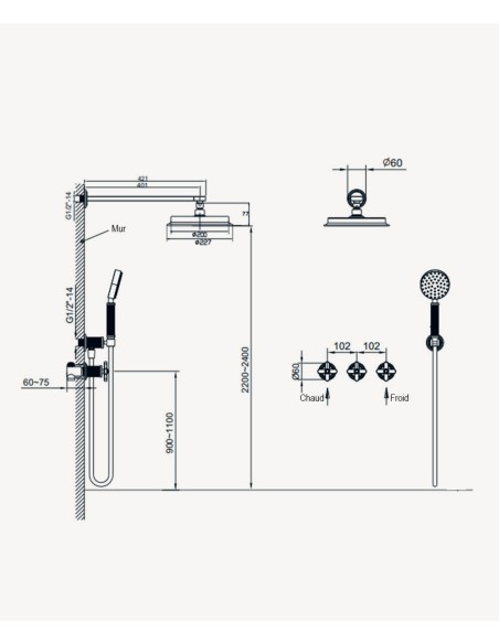 Pack douche encastré Bronze - Mélangeur, pommeau pluie & douchette - Hera