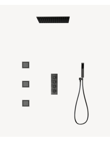 Ciel de douche thermostatique encastré au plafond 500 mm, 3 jets de corps Gun métal - Sirius