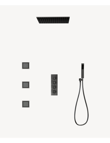 Ciel de douche thermostatique encastré au plafond 500 mm, 3 jets de corps Gun métal - Sirius