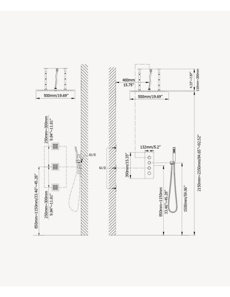 Ciel de douche thermostatique encastré au plafond 500 mm, 3 jets de corps Doré - Sirius
