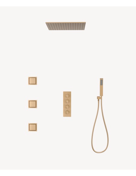 Ciel de douche thermostatique encastré au plafond 500 mm, 3 jets de corps Or rose - Sirius