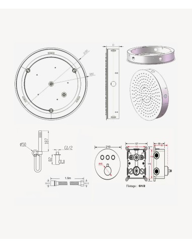 Pack douche thermostatique avec pommeau rond encastré - Blanc