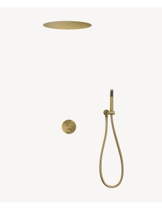 Pack douche thermostatique avec pommeau rond encastré  - Doré