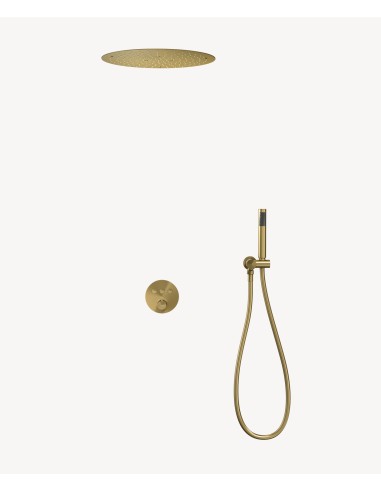 Pack douche thermostatique avec pommeau rond encastré  - Doré