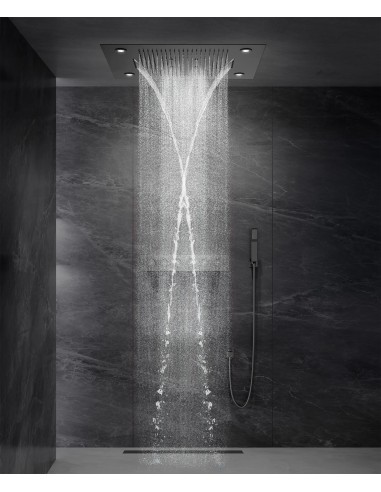 Composition de douche thermostatique avec ciel de pluie LED et chromothérapie - 80x60 cm - Gun métal