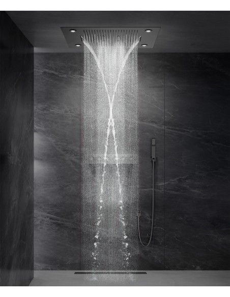 Composition de douche thermostatique avec ciel de pluie LED et chromothérapie - 80x60 cm - Gun métal