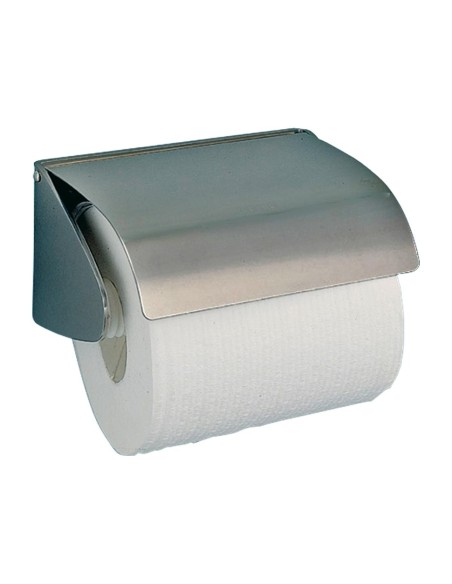 Porte-rouleau papier toilette (WC) en ACIER INOXYD ABLE satiné, avec couvercle