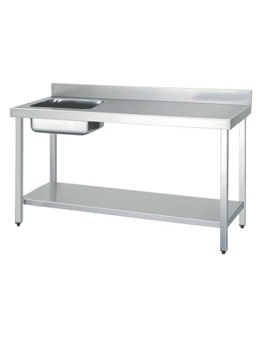 Table chef en ACIER INOXYDABLE avec 1 vasque à gau che, dosseret et étagère