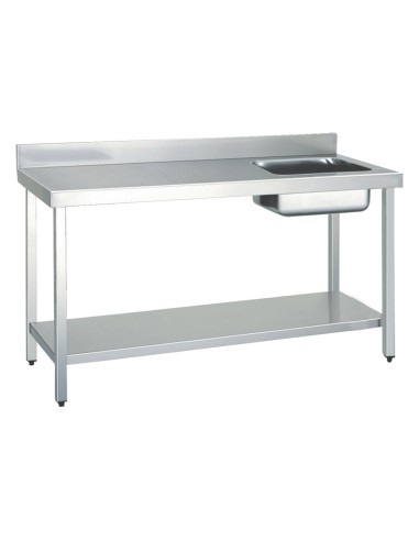 Table chef en ACIER INOXYDABLE avec 1 vasque à dro ite , dosseret et étagère