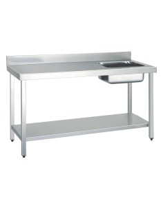 Table chef en ACIER INOXYDABLE avec 1 vasque à dro ite , dosseret et étagère
