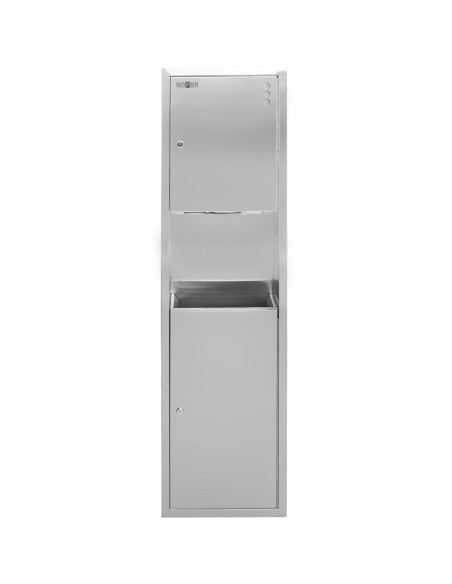 Meuble compact encastré en ACIER INOXYDABLE avec d istributeur de papier essuie-mains et po ubelle