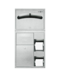 Meuble compact encastré avec deux porte-rouleaux p apier WC, distributeur couvre-siège hygi énique, poubelle acier inoxydable