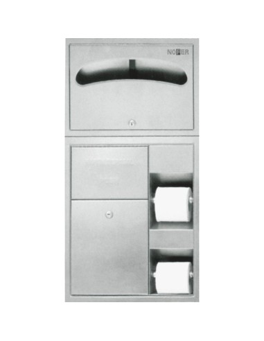 Meuble compact encastré avec deux porte-rouleaux p apier WC, distributeur couvre-siège hygi énique, poubelle acier inoxydable