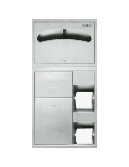Meuble compact encastré avec deux porte-rouleaux p apier WC, distributeur couvre-siège hygi énique, poubelle acier inoxydable