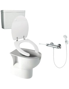 Kit de toilettes ergonomiques évacuation au sol av ec réservoir de chasse d'eau et abattant